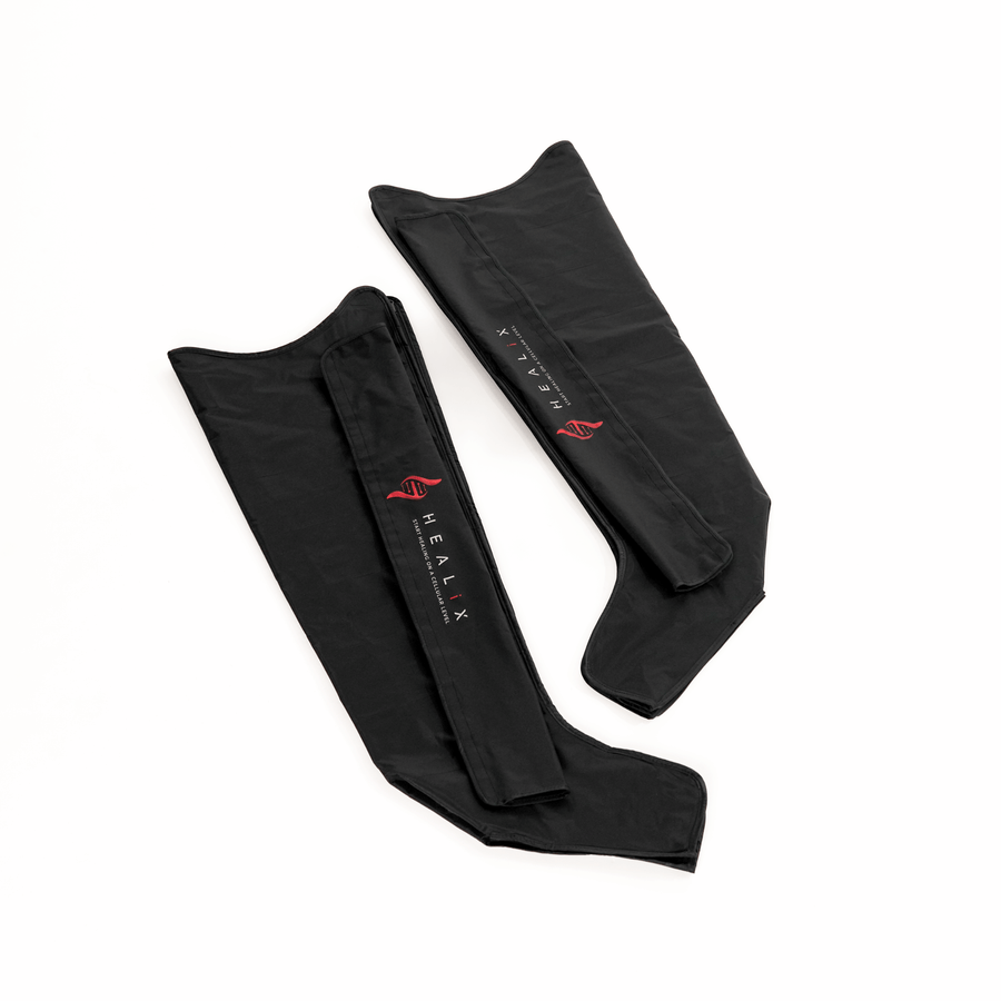 The HEALiX Flow Pro Compression Boot by HEALiX Infrared supports recovery, featuring a sleek black design with a red logo, shown against a white background.