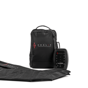 The HEALiX Infrared Flow Pro Compression Boot set includes a black control unit for pneumatic therapy, a portable carrying backpack, and a folded recovery mat, all featuring the HEALiX logo on white. Compatible with compression boots.