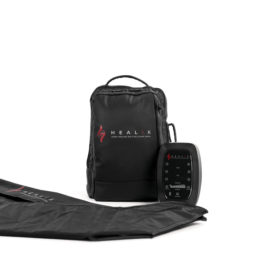 The HEALiX Infrared Flow Pro Compression Boot set includes a black control unit for pneumatic therapy, a portable carrying backpack, and a folded recovery mat, all featuring the HEALiX logo on white. Compatible with compression boots.