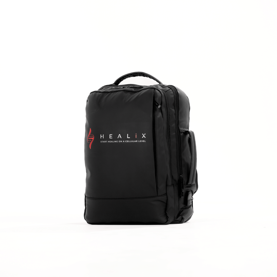 A sleek black backpack with a top handle and side zipper pocket, featuring the HEALiX Infrared logo and "SMART HEALING ON A CELLULAR LEVEL"—perfect for carrying your HEALiX Flow Pro Compression Boot and other recovery essentials.