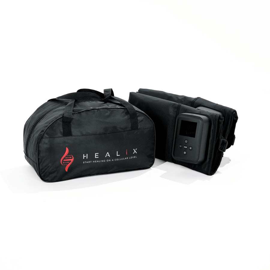 A black HEALiX Infrared medical bag sits beside a folded HEALiX Flow device featuring a digital display and control buttons, both set against a white background.