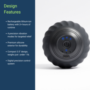 The VibePro Pulse by Icebound Essentials is a black, round handheld massage device with a power button shown on a white surface. Design highlights: deep massage, long battery life, multiple vibration modes, silicone exterior, compact build, easy controls.