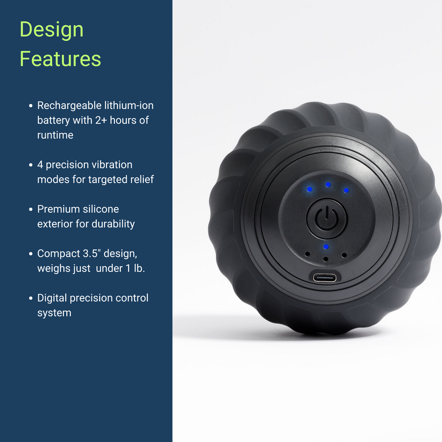 The VibePro Pulse by Icebound Essentials is a black, round handheld massage device with a power button shown on a white surface. Design highlights: deep massage, long battery life, multiple vibration modes, silicone exterior, compact build, easy controls.