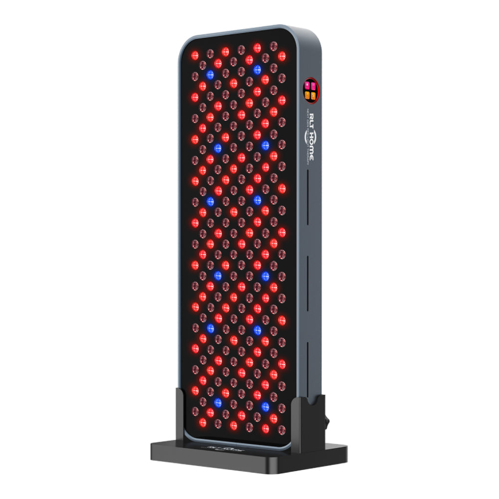 The RLT Home Total Spectrum COMPACT Red Light Therapy Panel by RLT Home is a rectangular device on a stand with red and blue LED bulbs and a side logo—ideal for supporting holistic health and mitochondrial function.