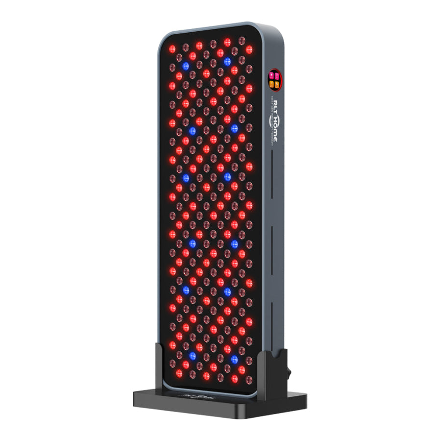 The RLT Home Total Spectrum COMPACT Red Light Therapy Panel by RLT Home is a rectangular device on a stand with red and blue LED bulbs and a side logo—ideal for supporting holistic health and mitochondrial function.