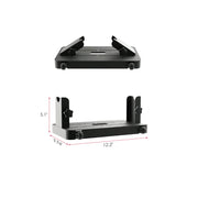 Two black adjustable stands are displayed, one top and one front view. Ideal for supporting your RLT Home Total Spectrum COMPACT Red Light Therapy Panel, the front stand measures 5.1"H x 9.4"D x 12.2"W.