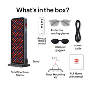 Image displays contents of the RLT Home Total Spectrum COMPACT Red Light Therapy Panel box: device, stand, remote, reading glasses, blackout goggles, power cable, door mount kit, and RLT Home manual for pain relief and mitochondrial function.