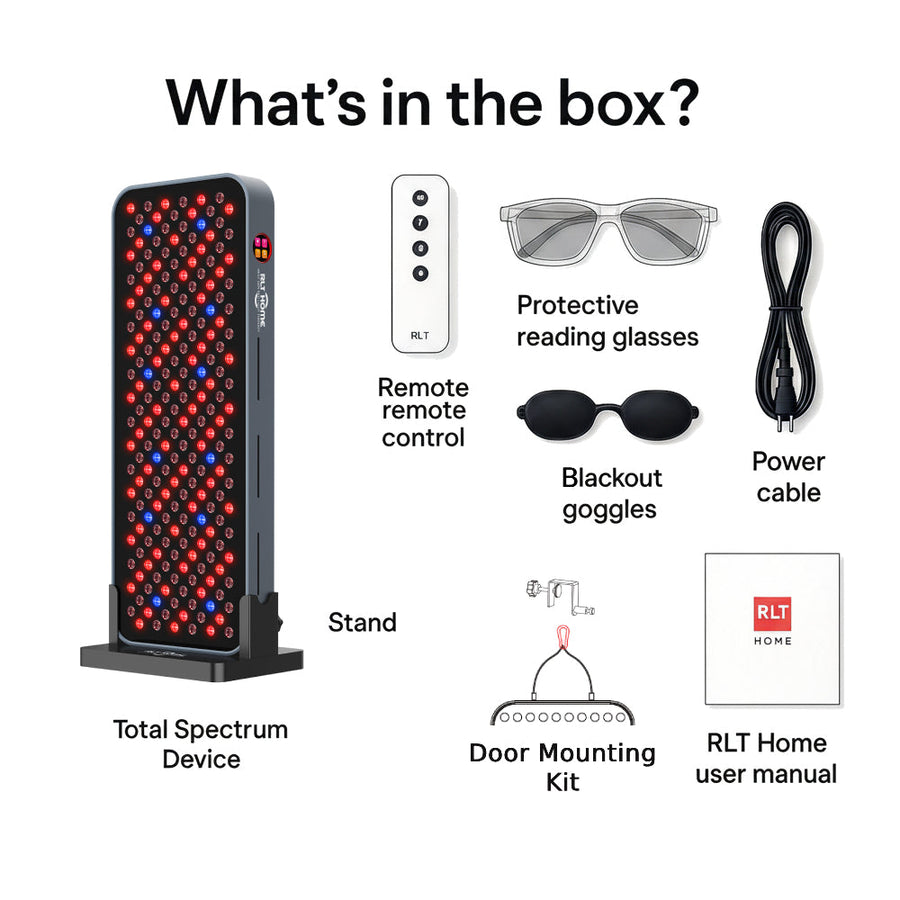 Image displays contents of the RLT Home Total Spectrum COMPACT Red Light Therapy Panel box: device, stand, remote, reading glasses, blackout goggles, power cable, door mount kit, and RLT Home manual for pain relief and mitochondrial function.