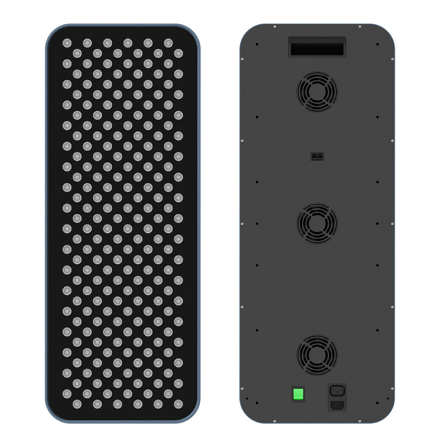 Front and back views of the RLT Home Total Spectrum COMPACT Red Light Therapy Panel by RLT Home, featuring a grid of circular lights for holistic health on the front, with cooling fans, a vent, and ports on the back.