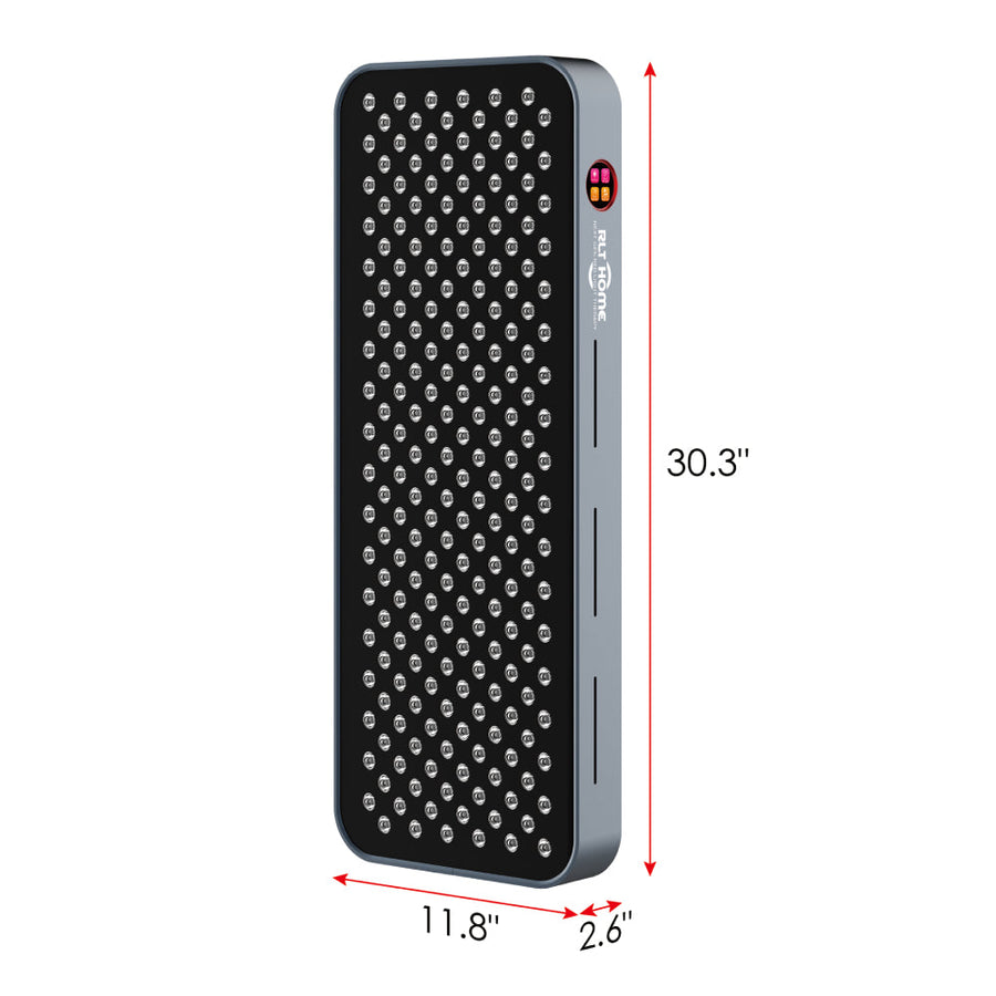 The RLT Home Total Spectrum COMPACT Red Light Therapy Panel by RLT Home features a black front with multiple small LED lights, gray frame, and measures 30.3" x 11.8" x 2.6", designed to support mitochondrial function.