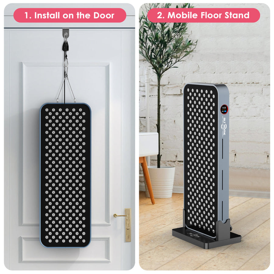 Split image: On the left, the RLT Home Total Spectrum COMPACT Red Light Therapy Panel hangs on a door. On the right, the same RLT Home device is upright on a floor stand in a bright room with a plant and wooden decor.