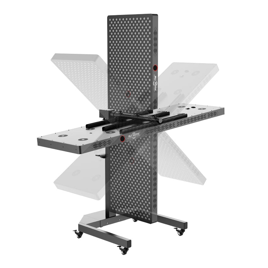 The RLT Home Total Spectrum ELITE Red Light Therapy Panel by RLT Home features perforated panels, rotating horizontal arms, and wheels for easy movement—perfect for full-body red light therapy.