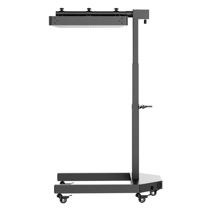 The RLT Home Total Spectrum ELITE Red Light Therapy Panel by RLT Home is a black, wheeled adjustable stand with a crank handle, pro-grade panel, and rectangular LED at the top—perfect for red light therapy or full-body treatment.