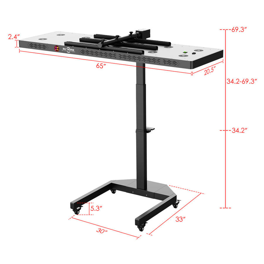 The RLT Home Total Spectrum ELITE Red Light Therapy Panel by RLT Home is a professional-grade red light therapy device on wheels, with adjustable height (34.2-69.3 in) and labeled dimensions: top plate 65x20.5x2.4 in, base 33x34.2 in.