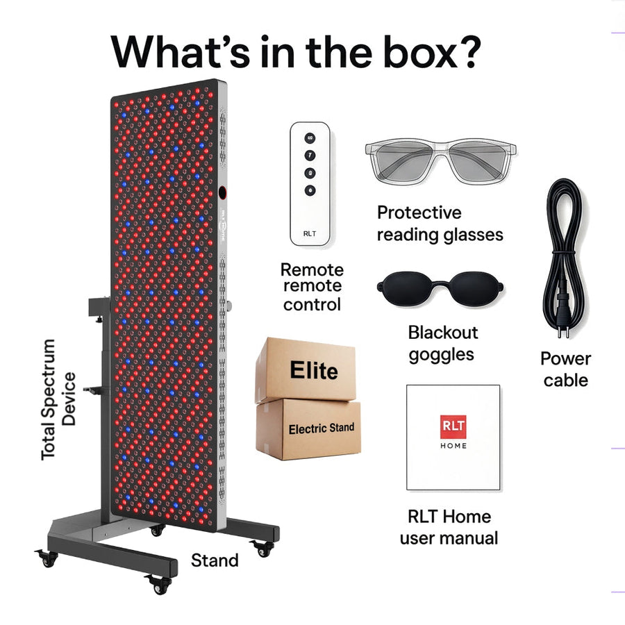What's in the box? RLT Home Total Spectrum ELITE (7 Wave 864 LEDs) Pro red/blue light panel on a wheeled Elite electric stand, remote control, reading glasses, blackout goggles, power cable, and user manual.