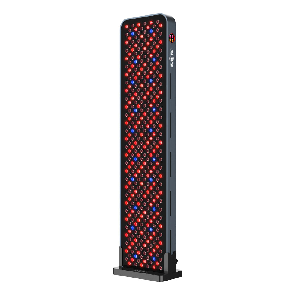 The RLT Home Total Spectrum MAX Red Light Therapy Panel by RLT Home is a tall, rectangular LED panel in a black frame with red and near-infrared LEDs for mitochondrial stimulation and improved holistic wellness.