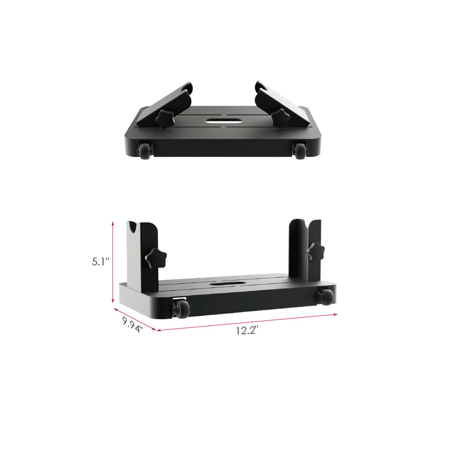 Two views of the RLT Home Total Spectrum MAX Red Light Therapy Panel’s black adjustable stand with side clamps—ideal for support. The bottom view lists dimensions: 5.1" tall, 9.4" deep, and 12.2" wide; the top view shows it from above.