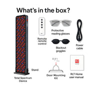 What's in the box: RLT Home Total Spectrum MAX Red Light Therapy Panel, remote, reading glasses, blackout goggles, power cable, stand, door mounting kit, and user manual—all by RLT Home and shown with labels.
