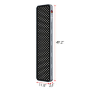 The RLT Home Total Spectrum MAX Red Light Therapy Panel by RLT Home is a tall, rectangular black device with a dotted front, measuring 49.2"H x 11.8"W x 2.6"D. Red arrows highlight its dimensions.