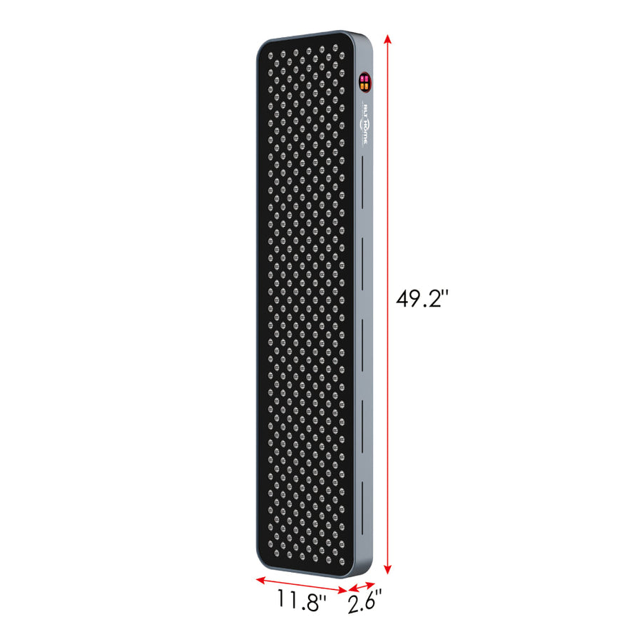 The RLT Home Total Spectrum MAX Red Light Therapy Panel by RLT Home is a tall, rectangular black device with a dotted front, measuring 49.2"H x 11.8"W x 2.6"D. Red arrows highlight its dimensions.