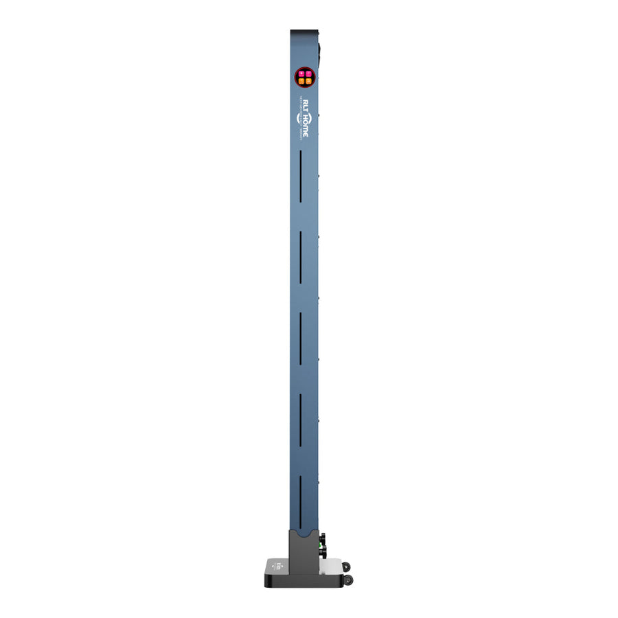 The RLT Home Total Spectrum MAX Red Light Therapy Panel by RLT Home is a tall, slim, blue wellness device on wheels, featuring vents, a logo, and a top display screen for red light therapy and mitochondrial stimulation.