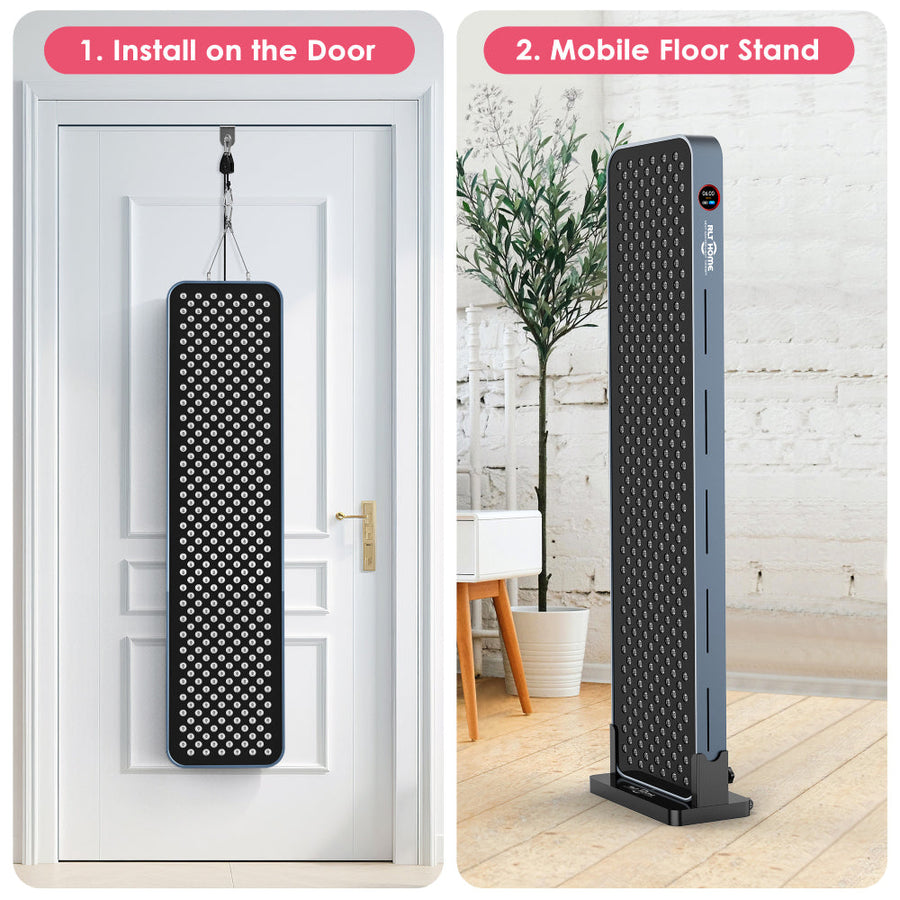 Split image of the RLT Home Total Spectrum MAX Red Light Therapy Panel—mounted on a door (left) and standing on the floor (right)—with text: “1. Install on the Door” and “2. Mobile Floor Stand.” For holistic wellness at home.