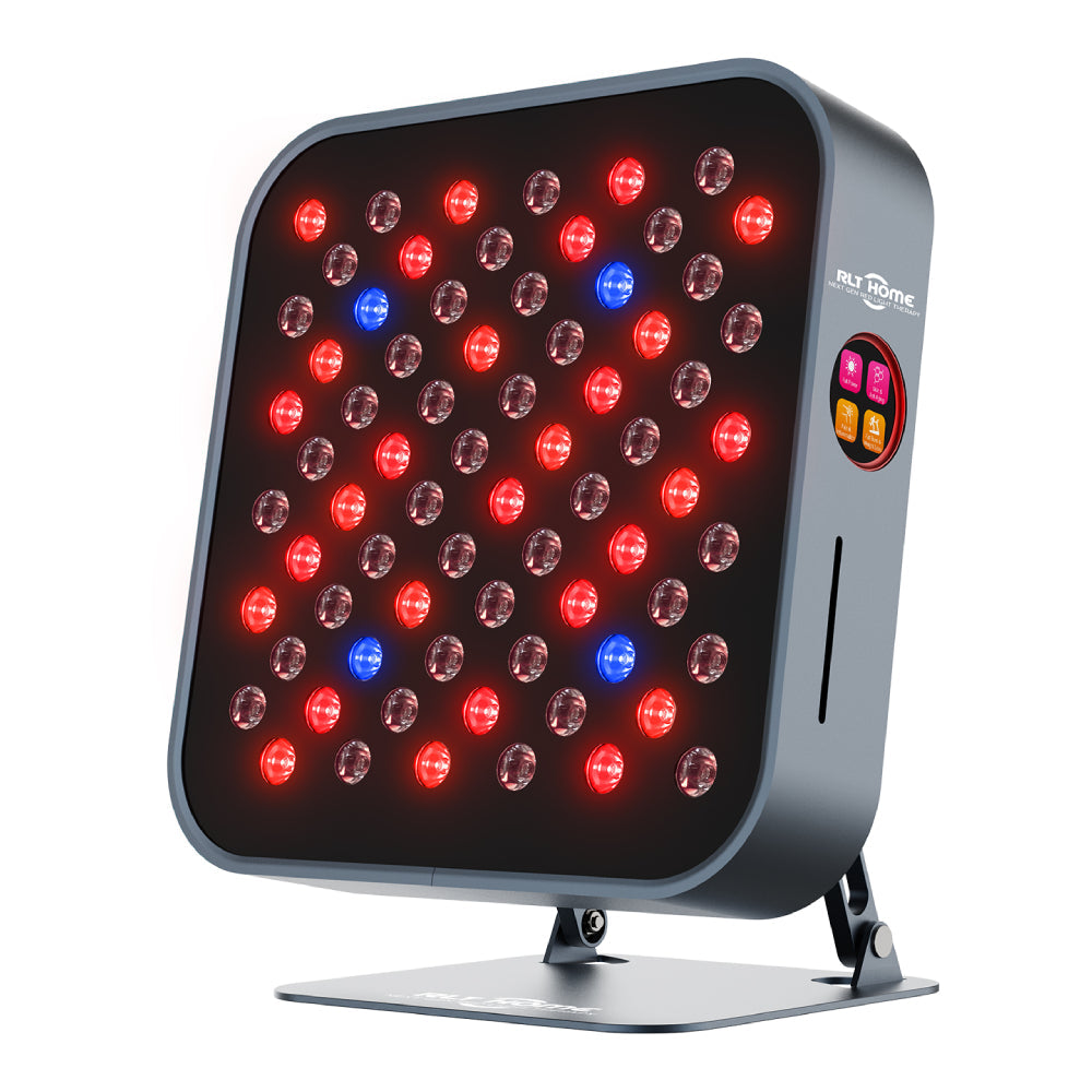 The RLT Home Total Spectrum MINI Red Light Therapy Panel by RLT Home features a square grid of red, blue, and near-infrared LEDs, a digital display, and control buttons on a stand—ideal for targeted therapy and home wellness routines.