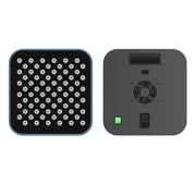 Two views of the RLT Home Total Spectrum MINI Red Light Therapy Panel by RLT Home: the front has 60 circular LED lights; the gray back features a fan, power switches, outlets, and ventilation grooves—perfect for home wellness routines.