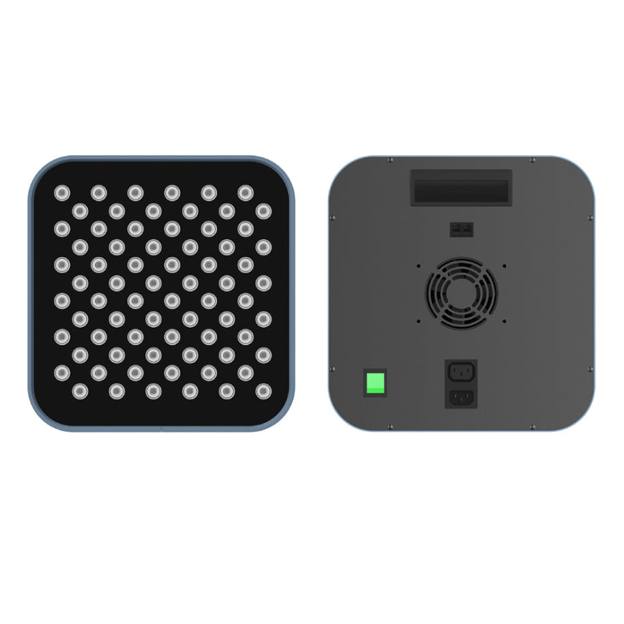 Two views of the RLT Home Total Spectrum MINI Red Light Therapy Panel by RLT Home: the front has 60 circular LED lights; the gray back features a fan, power switches, outlets, and ventilation grooves—perfect for home wellness routines.