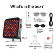 Image showing the contents of the RLT Home Total Spectrum MINI Red Light Therapy Panel box: LED therapy panel with stand, remote, protective glasses, blackout goggles, power cable, door mounting kit, and RLT Home user manual.