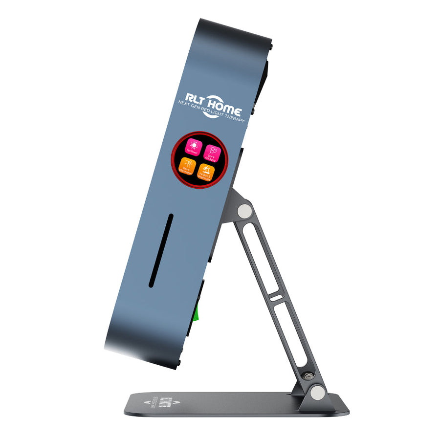 A side view of the RLT Home Total Spectrum MINI Red Light Therapy Panel, a gray rectangular device on a metal stand with a digital control panel featuring four colored buttons—an innovative wellness solution for targeted pain relief.