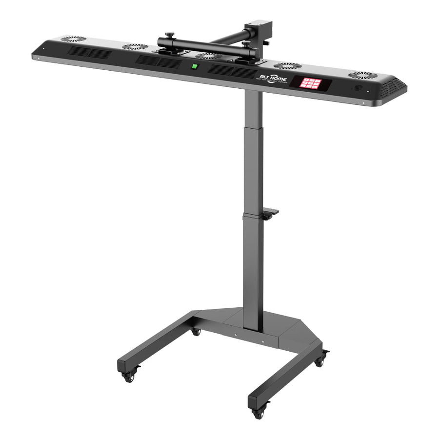 The RLT Home Total Spectrum ULTRA Red Light Therapy Panel by RLT Home is a black, rectangular device on an adjustable stand with wheels, control buttons, display screen, and vents—ideal for pain relief and full-body wellness via red light therapy.