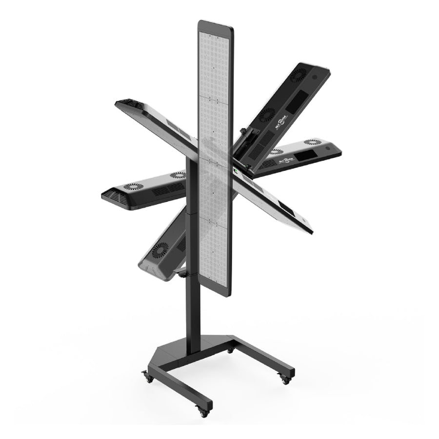 The RLT Home Total Spectrum ULTRA Red Light Therapy Panel by RLT Home is a vertical LED grow light panel on a wheeled stand with multiple adjustable arms for full-body wellness, shown against a white background.