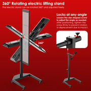 The RLT Home Total Spectrum ULTRA Red Light Therapy Panel is held by a black electric lifting stand that rotates 360°, locks at any angle with a star-shaped screw, and includes a tilt-diagram to guide optimal pain relief positioning.