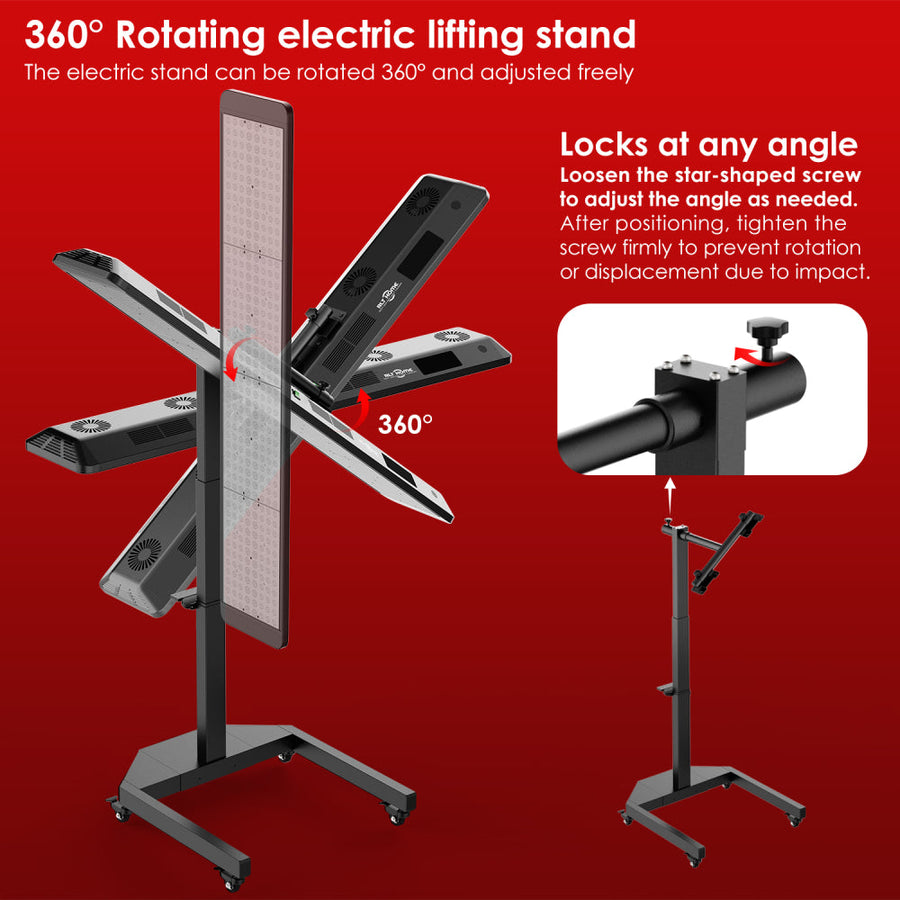 The RLT Home Total Spectrum ULTRA Red Light Therapy Panel is held by a black electric lifting stand that rotates 360°, locks at any angle with a star-shaped screw, and includes a tilt-diagram to guide optimal pain relief positioning.