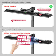 Two images show the RLT Home Total Spectrum ULTRA Red Light Therapy Panel by RLT Home: the top shows voice control with speech bubbles, and the bottom features a hand using its 3.5-inch touch display for easy operation and full-body wellness.