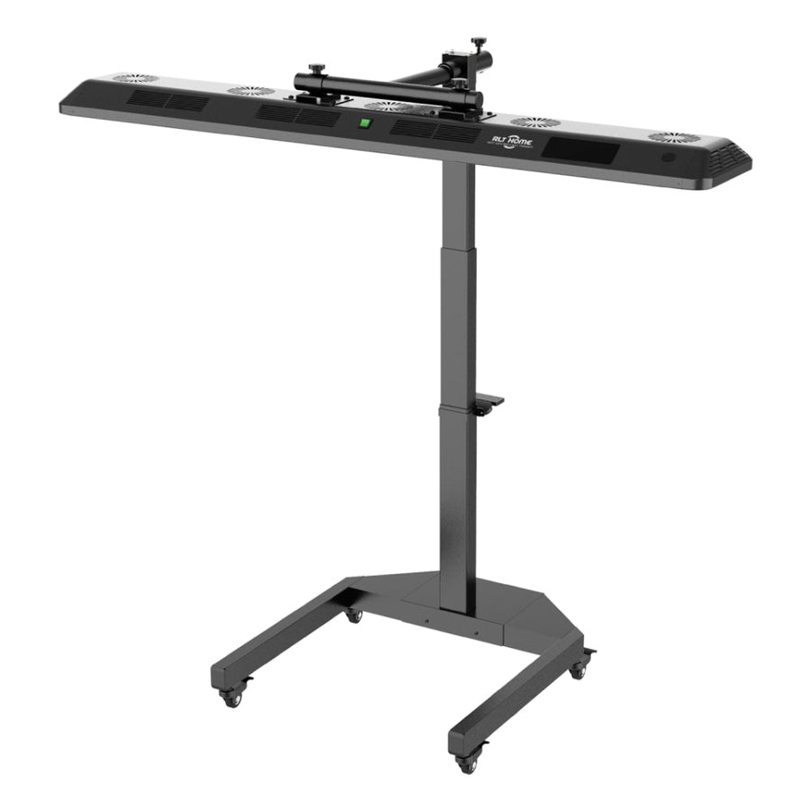 The Total Spectrum ULTRA (7 Wave 480 LEDs) by RLT Home is a black rectangular heat lamp on a wheeled, height-adjustable stand. It features front control buttons, an adjustable angle mount, and is ideal for pain relief and full-body wellness.