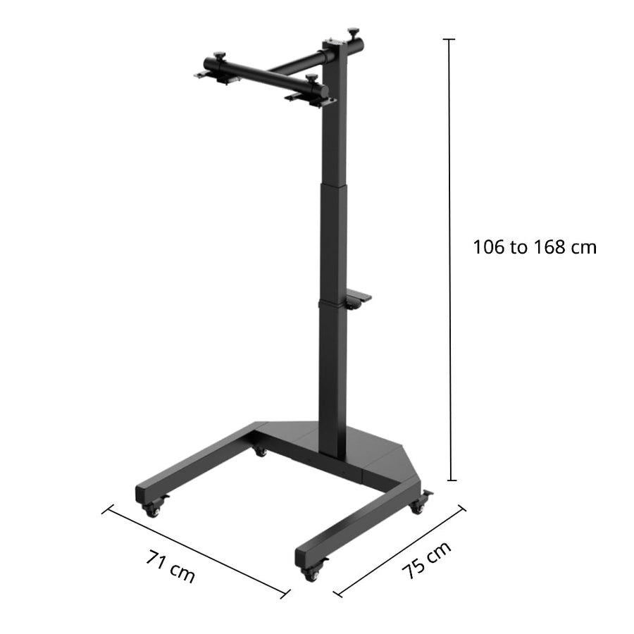 The RLT Home Total Spectrum ULTRA (7 Wave 480 LEDs) stand features a black metal frame with four wheels, adjustable height from 106–168 cm, and a U-shaped base (71×75 cm), perfect for mounting red light therapy devices for full-body wellness.