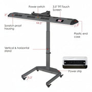 A diagram of the RLT Home Total Spectrum ULTRA (7 Wave 480 LEDs) red light therapy device on a 64.3" adjustable wheeled stand shows labeled features: power switch, 3.5" TFT touchscreen, scratch-proof housing, plastic end case, and built-in power strip.