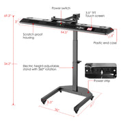 The RLT Home Total Spectrum ULTRA Red Light Therapy Panel by RLT Home is mounted on a black adjustable stand with caster wheels, featuring a power switch, touch screen, scratch-proof housing, and power strip—perfect for full-body wellness. Red lines mark measurements and features.