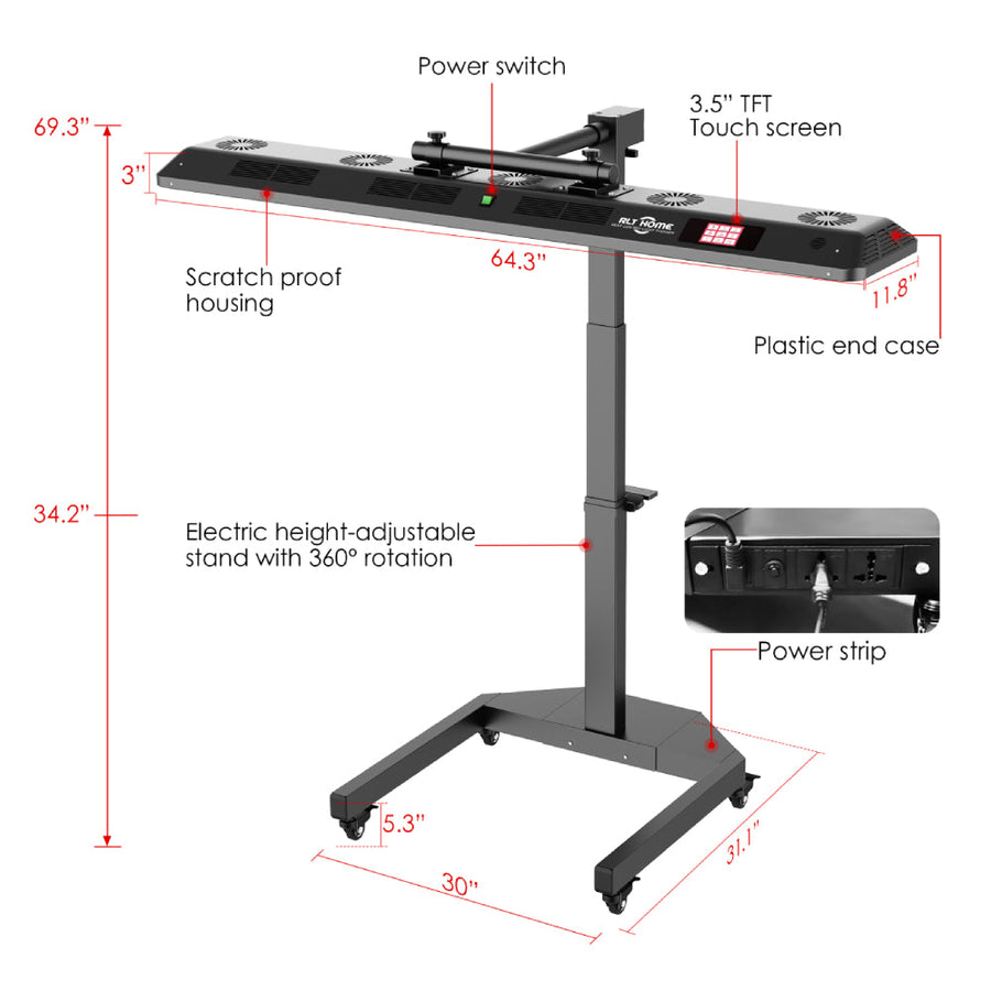 The RLT Home Total Spectrum ULTRA Red Light Therapy Panel by RLT Home is mounted on a black adjustable stand with caster wheels, featuring a power switch, touch screen, scratch-proof housing, and power strip—perfect for full-body wellness. Red lines mark measurements and features.