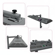 Four close-up views of the RLT Home Total Spectrum ULTRA (7 Wave 480 LEDs), a gray, rectangular red light therapy device with vents, knobs, and buttons on a stand. Features power/function controls, mounting options, and cooling fans for full-body wellness.