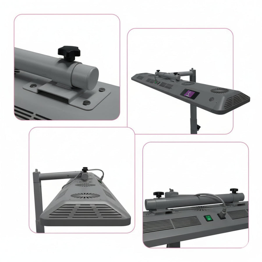 Four close-up views of the RLT Home Total Spectrum ULTRA (7 Wave 480 LEDs), a gray, rectangular red light therapy device with vents, knobs, and buttons on a stand. Features power/function controls, mounting options, and cooling fans for full-body wellness.