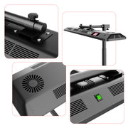 Collage of four close-ups showcasing the RLT Home Total Spectrum ULTRA Red Light Therapy Panel by RLT Home, highlighting its control buttons, vents, power switch, and adjustment knob—ideal for full-body wellness or red light therapy sessions.