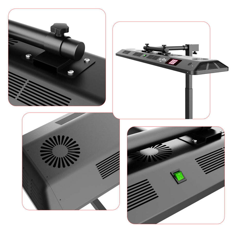 Collage of four close-ups showcasing the RLT Home Total Spectrum ULTRA Red Light Therapy Panel by RLT Home, highlighting its control buttons, vents, power switch, and adjustment knob—ideal for full-body wellness or red light therapy sessions.