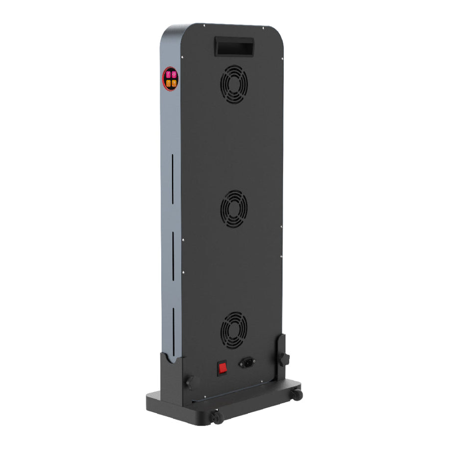 The Total Spectrum COMPACT (7 Wave 216 LEDs) by RLT Home is a tall, rectangular freestanding black red light therapy device with ventilation fans, a top handle, base switches and ports, shown angled against a white background.