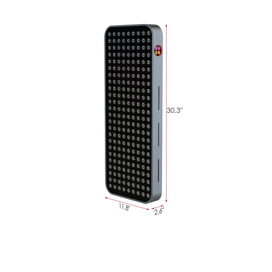The RLT Home Total Spectrum COMPACT Red Light Therapy Panel by RLT Home is a black and silver rectangular device with small circular LEDs, measuring 30.3" x 11.8" x 2.6", designed to support holistic health.