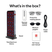 Image showing the contents of the RLT Home Total Spectrum COMPACT (7 Wave 216 LEDs) box: device with stand, remote control, protective reading glasses, blackout goggles, power cable, and user manual for pain recovery.