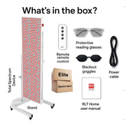 A tall Total Spectrum ELITE (7 Wave 864 LEDs) red light therapy panel by RLT Home is shown with remote, protective glasses, blackout goggles, power cable, electric stand, user manual & Elite box. Text: What's in the box?.