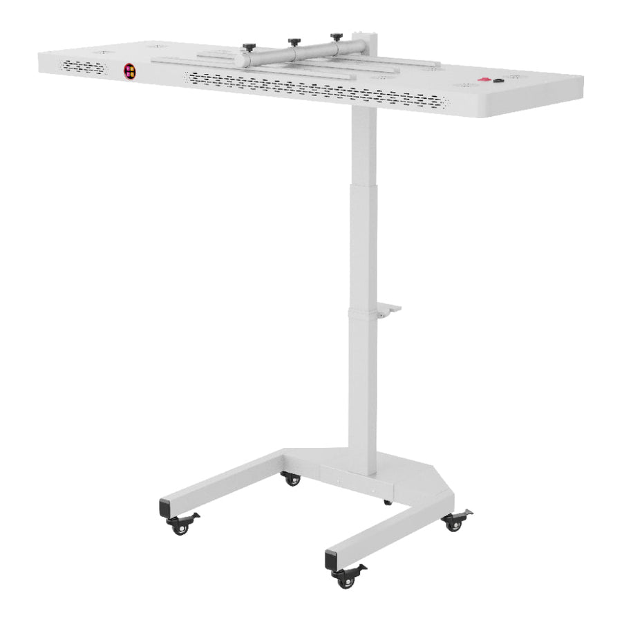 The RLT Home Total Spectrum ELITE (7 Wave 864 LEDs) is a tall, white rectangular red light therapy device on wheels with ventilation holes, control buttons, and adjustable height for convenient full-body therapy and mitochondrial activation.